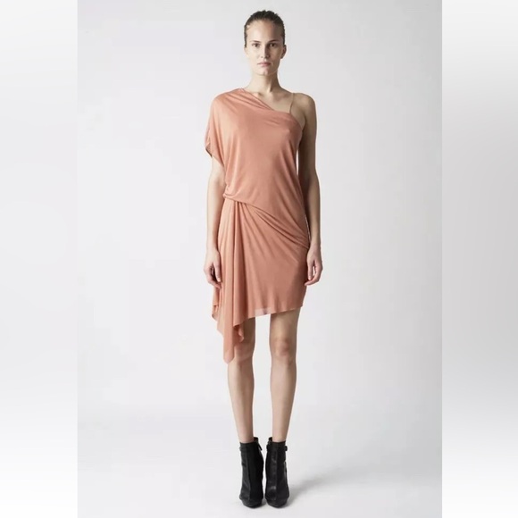 Helmut Lang Coral Peach Jersey Asymmetrical Mini Dress Size Small Draped Ruched - Picture 1 of 11